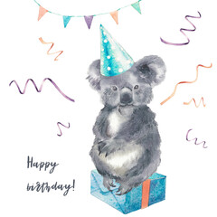 Happy birthday baby card. Cute koala party illustration. Confetti, present and flags garland decor. © ldinka