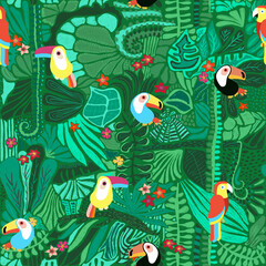 Tropical birds between jungle trees seamless pattern. Repeating background with toucans, parrots, macaw. Use for wallpaper, fabric, summer home decor