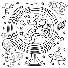 Coloring antistress page for adults 
and children. The universe around the globe, space objects, space in the globe with an astronaut