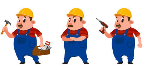 Builder in different poses. Male character in cartoon style.