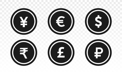 Currency icons. Collection of currency symbols - dollar, euro, pound, rupee, yuan, ruble. Cash icon. Currency exchange symbol. Coins icon. Finance symbol. Currency symbol. Bank payment symbol. 