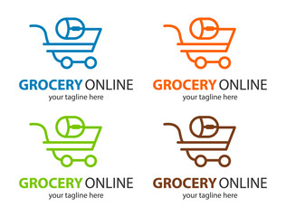 Grocery online logo. Supermarket delivery. Fresh food sign.  Fast Shopping concept vector. Four color mode.