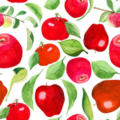 Watercolor seamless pattern with red apples and greens isolated on white background. The apple harvest print is perfect for fabrics, scrapbooking and postcards.
