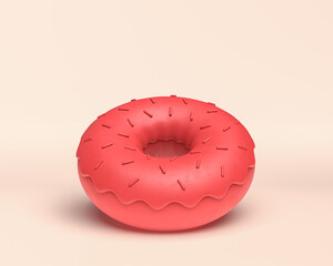 3d icon donut dessert, monochrome solid red color on light background, Miniature plastic style sweets, 3d Rendering