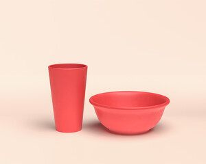 3d Icon single plate and glass, monochrome flat solid red color in white background, 3d Icon set, 3D rendering, dinner table