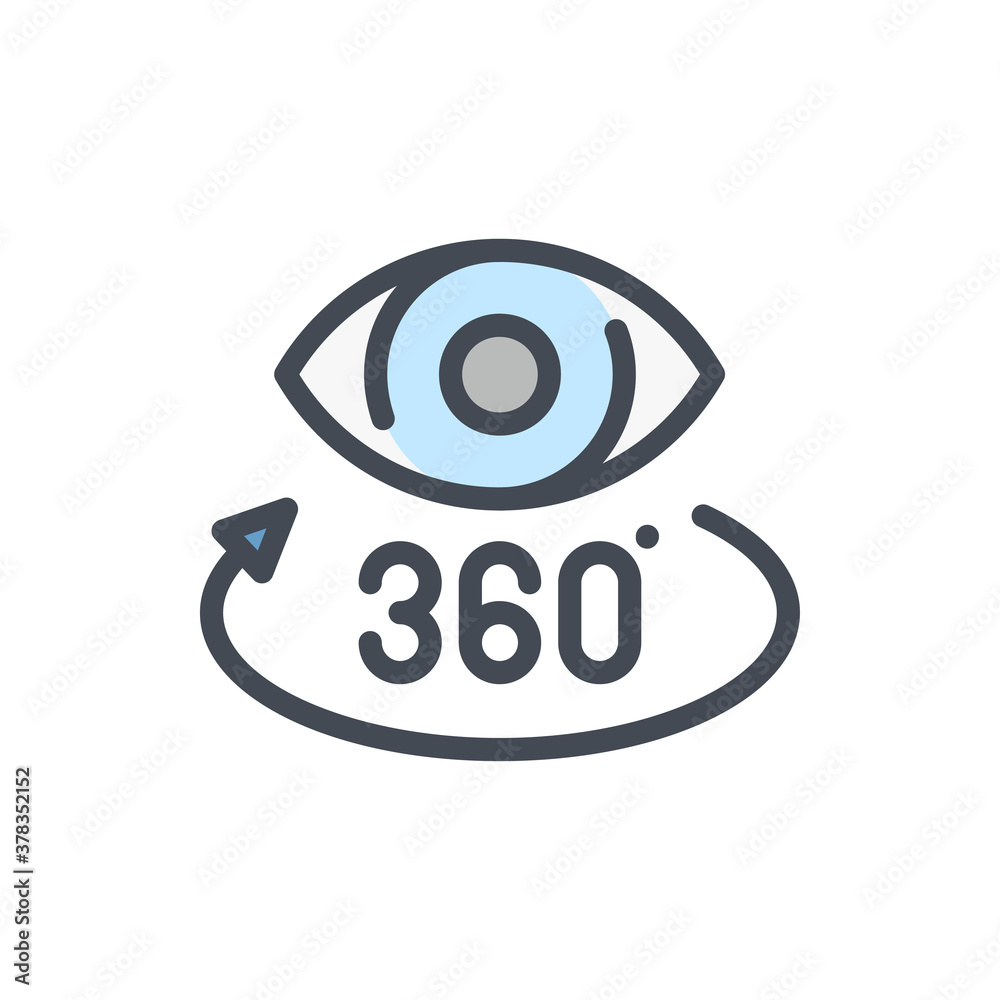 Poster augmented reality color line icon. eye with rotating arrow and 360 vector outline colorful sign.