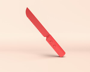 3d Icon single knife, monochrome flat solid red color in white background, 3d Icon set, 3D rendering, dinner table