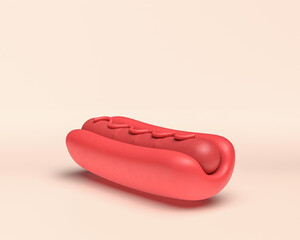 Miniature fastfood meals, hotdog, monochrome flat red color in white background, 3d Icon, 3d rendering