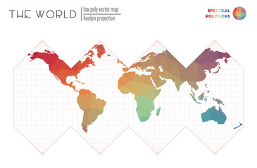 Low poly design of the world. HEALPix projection of the world. Spectral colored polygons. Creative vector illustration.