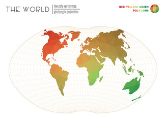Triangular mesh of the world. Ginzburg IV projection of the world. Red Yellow Green colored polygons. Awesome vector illustration.