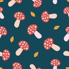 Doodle calm red mushrooms, orange leaves on turquoise background. Seamless autumn food pattern. Suitable for wrapping, textile.
