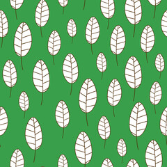 A seamless pattern of white leaves on green background. Textile template.