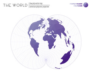 Vector map of the world in American polyconic projection with purple shades colored polygons. Trending vector illustration.