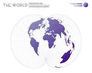 Vector map of the world. American polyconic projection of the world. Purple Shades colored polygons. Trending vector illustration.