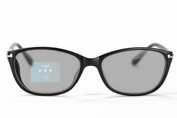 Smart glasses with music player app on white background
