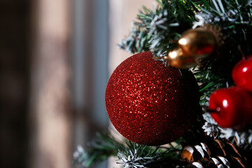 Close-up photo with decorations of christmas tree. Selective focus. Narrow depth of field.