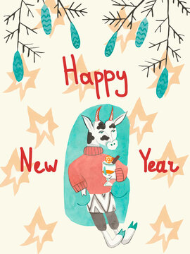 Card with watercolor New Year bulls with spruce branches and cones.Christmas cows in blue, orange, brown colors, festive cute bulls with drink  on a cream background. 2021 hand drawn sign of the year.