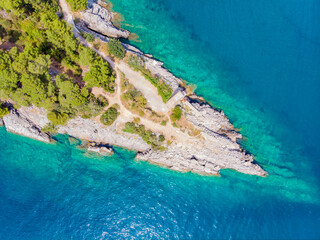 Aerial view of the rocky shore of the Adriatic Sea. Budva, Montenegro