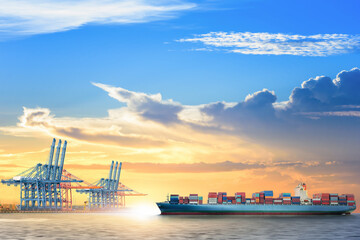 Container cargo ship with working crane bridge in the seaport at sunset sky, Global business logistics import export background, Freight transportation, Shipping