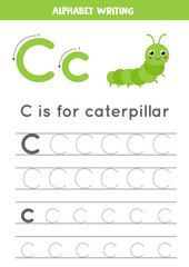 Tracing alphabet letter C with cute cartoon caterpillar.