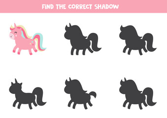 Find right shadow of cute cartoon unicorn.