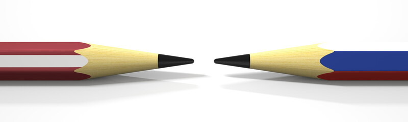 Pencils with flags of Latvia and Russia. Political conflict concept. 3d rendering