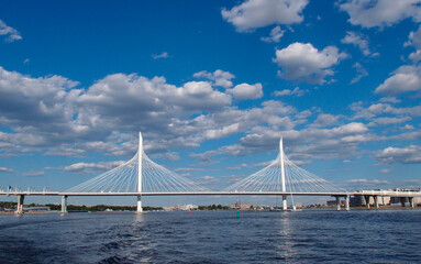 New highway road with cable-stayed bridge with blue sky in Saint Petersburg, Russia. June 14, 2018.