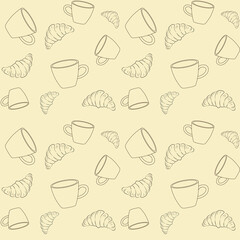 Сoffee and croissants seamless pattern. Background with food. Breakfast template, vector illustration
