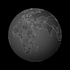 Dark globe centered on Djibouti. Country highlighted with red color on world map. Satellite world projection. Superb vector illustration.