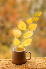a brown mug near the window. fall. yellow leaves on the window