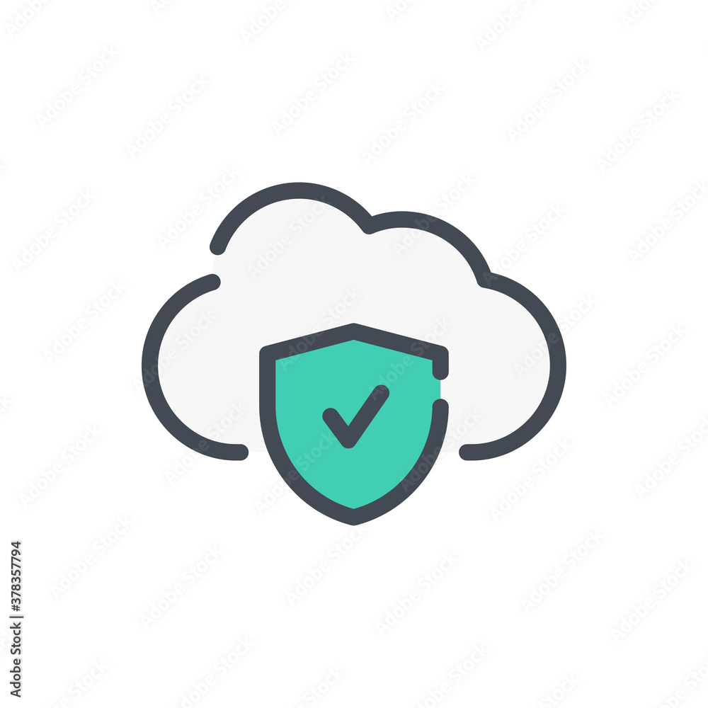 Poster network security of cloud service color line icon. shield with tick and cloud vector outline colorfu