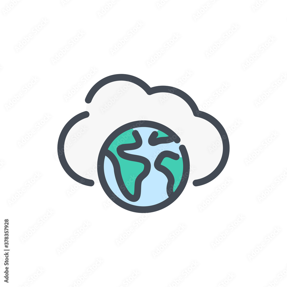 Poster cloud service network connection color line icon. globe with cloud vector outline colorful sign.