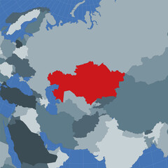 Shape of Kazakhstan in the context of neighboring countries. Country highlighted with red color on world map. Kazakhstan map template. Vector illustration.