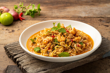 Spicy Banana Blossom Salad with shrimp and fresh coconut milk (Yum Hua Plee)