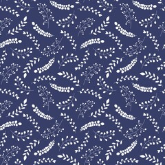 Vector seamless pattern with white branches on the dark blue background.