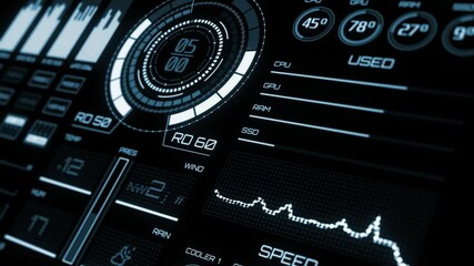 Futuristic interface/Digital perspective screen/Ultra detailed abstract digital background. Blinking and switching indicators and statuses. Work of command center,processing big data, deep learning - Powered by Adobe