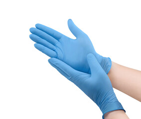 Medical nitrile gloves.Two blue surgical gloves isolated on white background with hands. Rubber...