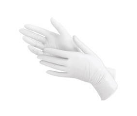 Medical nitrile gloves.Two white surgical gloves isolated on white background with hands. Rubber glove manufacturing, human hand is wearing a latex glove. Doctor or nurse putting on protective gloves