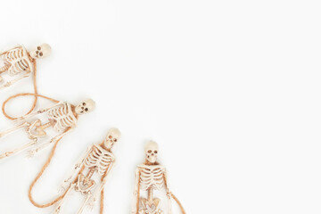 Human skeleton anatomical model. Flat lay, top view. Medical concept and Halloween.