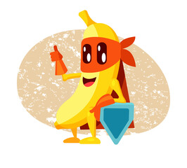 Funny cartoon character fruit banana in superhero costume at masks emotion, protector with shield. Vegetable character super hero product fun food costume vector illustration