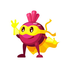 Funny cartoon character vegetable beet in superhero costume at masks emotion. Vegetable character super hero product fun food costume vector illustration