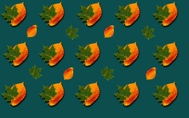 Pattern with green and yellow leaves with shadow on a green background.