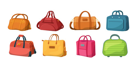 Travel luggage, plastic case, metal backpacks and leather bag. Travel suitcase with wheels, journey package, business travel bag, trip luggage. Vector backpack suitcase for journey, vacation