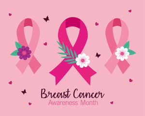 breast cancer awareness pink ribbons with flowers design, october month campaign theme Vector illustration
