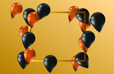 Orange background with frame. Realistic black and yellow balls. Vector illustration for halloween