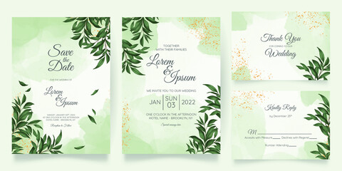 watercolor creamy wedding invitation card template set with golden floral decoration 