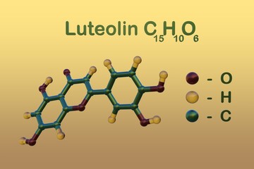 Structural chemical formula and molecular model of luteolin, a yellow crystalline flavonoid widely present in fruits, vegetables and medicinal herbs. 3d illustration