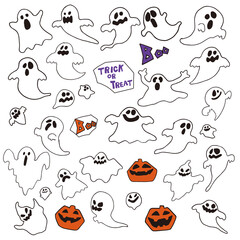 ハロウィンのイラスト　手書き風　線あり　ゴースト　かぼちゃ