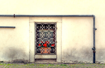 External wall of building with window protected by wrought iron bars and decorated with a vase of red flowers. All around run metal pipes