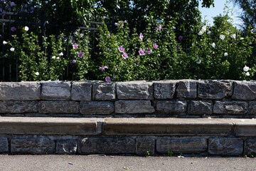 Empty Stone Bench at Southpoint Park on Roosevelt Island during the Summer with Green Plants and Flowers